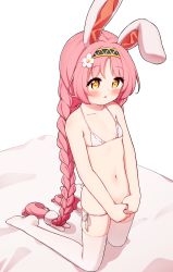 1girl :o animal_ears bare_arms bare_shoulders bed_sheet bikini black_hairband blush braid brown_eyes flower full_body hair_flower hair_ornament hairband highres kemonomimi_mode kneeling loli long_hair low_twintails lowleg lowleg_bikini mimi_(princess_connect!) navel no_shoes own_hands_together parted_bangs parted_lips pink_hair princess_connect! rabbit_ears rabbit_hair_ornament setmen side-tie_bikini_bottom simple_background soles solo swimsuit thighhighs twin_braids twintails very_long_hair white_background white_bikini white_flower white_thighhighs rating:Sensitive score:90 user:danbooru