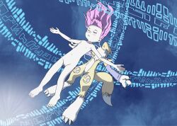  1girl 1other armpits barefoot biomerge blunt_bangs collarbone completely_nude digimon digimon_tamers dubidu123 energy expressionless feet female_focus flat_chest floating floating_hair full_body fusion groin hair_down henshin highres legs light_blush loli long_hair makino_ruki matrix_evolution navel neck nipples nude official_alternate_hairstyle orange_hair outstretched_arms parted_lips pussy renamon sidelocks small_nipples thighs toenails toes transformation truth 