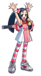  1girl :d \o/ arms_up ball black_hair blush_stickers bow dress edaki_shin&#039;ya full_body game_cg hair_bow highres horizontal-striped_thighhighs justice_gakuen karuizawa_momo long_hair looking_at_viewer moero!_justice_gakuen multiple_hair_bows non-web_source official_art open_mouth outstretched_arms racket shoes simple_background smile sneakers solo standing striped_clothes striped_sweatband striped_thighhighs tennis tennis_ball tennis_racket thighhighs transparent_background twintails white_background 