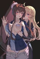  2girls alternate_costume black_background black_jacket black_pants blue_eyes blue_shirt breasts brown_hair cherry_blossoms convenient_censoring employee_uniform flower grey_pants hair_between_eyes hair_flower hair_intakes hair_ornament highres himeyamato id_card indoors iowa_(kancolle) jacket kantai_collection large_breasts lawson leather leather_jacket long_hair long_sleeves multiple_girls no_bra official_alternate_costume open_mouth panties pants pink_panties ponytail red_eyes shirt shop short_sleeves sidelocks simple_background star-shaped_pupils star_(symbol) store_clerk striped_clothes striped_shirt symbol-shaped_pupils underwear very_long_hair yamato_(kancolle) yamato_(lawson)_(kancolle) yuri 