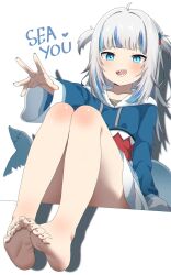 1girl bare_legs bare_shoulders barefoot blue_eyes blue_hair blue_hoodie blunt_bangs blush collarbone convenient_leg feet fins fish_tail full_body gawr_gura gawr_gura_(1st_costume) grey_hair hair_ornament highres hololive hololive_english hood hood_down hoodie legs legs_together lhofi long_sleeves looking_at_viewer multicolored_hair open_mouth shadow shark_hair_ornament shark_print shark_tail sharp_teeth simple_background sitting soles solo streaked_hair tail teeth toenails toes two_side_up virtual_youtuber white_background wide_sleeves rating:Sensitive score:22 user:danbooru