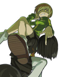  2girls absurdres bike_shorts bike_shorts_under_skirt black_hair black_sailor_collar black_serafuku black_skirt breasts brown_footwear brown_hair crossed_legs green_jacket highres jacket long_sleeves looking_at_viewer medium_breasts multiple_girls persona persona_4 pleated_skirt sach56000 sailor_collar satonaka_chie school_uniform serafuku shadow_chie shoes short_hair simple_background sitting sitting_on_person skirt socks white_background white_socks yellow_eyes 