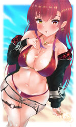  1girl :o absurdres bikini bikini_under_clothes black_jacket blush breasts cleavage cream cream_on_face dolphin_shorts food food_on_face heterochromia highres holding holding_food hololive houshou_marine houshou_marine_(summer) ice_cream_bar jacket large_breasts long_hair navel no_headwear no_shirt o-ring o-ring_thigh_strap off_shoulder official_alternate_costume open_clothes open_jacket popsicle red_bikini red_eyes red_hair shorts solo straight_hair suggestive_fluid swimsuit thigh_strap virtual_youtuber yellow_eyes zyunsei777 