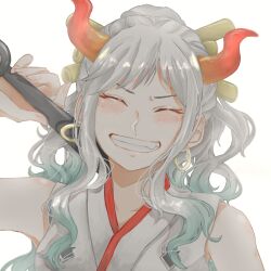 1girl ^_^ absurdres blush clenched_teeth closed_eyes club club_(weapon) commentary_request curled_horns highres holding holding_weapon horns japanese_clothes kanabou kimono one_piece ponytail red_horns sidelocks simple_background sleeveless sleeveless_kimono solo teeth u_mi031 upper_body weapon white_background white_kimono yamato_(one_piece) 