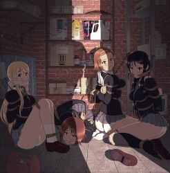  4girls akiyama_mio arms_behind_back ass bdsm black_eyes black_hair black_pantyhose black_shirt black_socks blonde_hair blue_skirt blush bondage bound bound_arms bound_breasts bound_legs bound_torso breast_bondage breasts brick_wall brown_eyes brown_hair chemicals cleave_gag clenched_hand clenched_hands clenched_teeth closet cloth_gag clothes_lift collar collared_shirt crotch_rope crying crying_with_eyes_open feet female_focus fleeing gag gagged hair_between_eyes hair_ornament hairband highres hirasawa_yui imminent_rape improvised_gag indoors k-on! kidnapped kneehighs kneeling kotobuki_tsumugi leash left_shoe_removed long_hair long_sleeves looking_at_viewer medium_breasts medium_hair multiple_girls panties pantyhose pleated_skirt reptileye rope scared school_uniform shibari shibari_over_clothes shirt shoes sidelocks single_shoe sitting skirt skirt_lift socks struggling tainaka_ritsu tearing_up tears teeth tile_floor tiles toes toolbox underwear untying unworn_shoes white_panties white_socks wide-eyed worried wrench 