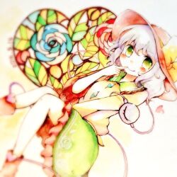  1girl black_hat blurry blush bow buttons closed_mouth commentary_request dated diamond_button eyeball floral_print frilled_shirt_collar frilled_sleeves frills green_eyes green_skirt hat hat_bow heart koishi_day komeiji_koishi long_sleeves looking_at_viewer print_skirt rose_print shiro_tsugumi shirt skirt smile solo third_eye touhou traditional_media wide_sleeves yellow_bow yellow_shirt 