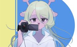  1girl absurdres animal_ears antlers black_eyes blonde_hair blood camcorder camera chinese_commentary closed_mouth commentary_request deer_antlers deer_ears deer_girl deltarune downturned_eyes furry furry_female highres holding holding_camera horns long_hair lv_chan_cat mixed-language_commentary noelle_holiday noelle_holiday_(dark_world) nosebleed portrait solo video_camera white_hood 