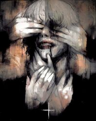  1boy abstract blood blood_from_mouth blood_on_mouth bloody_tears cross donato_porpora highres lips male_focus no_lineart nose old old_man painterly shadow shirt short_hair simple_background smile solo surrounded surrounded_by_hands teeth tokyo_ghoul xa8uofivf2mcart 