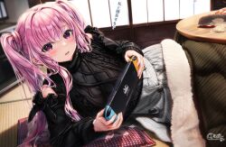  1girl bag black_sweater blurry blurry_background blush breasts clothing_cutout fingernails grey_skirt handheld_game_console holding holding_handheld_game_console indoors kotatsu long_hair long_sleeves looking_at_viewer lying nintendo_switch on_side open_mouth original pink_eyes pink_hair plaid_clothes plaid_skirt shoulder_cutout skirt solo sweater table tatami turtleneck turtleneck_sweater twintails under_kotatsu under_table unohana_pochiko 