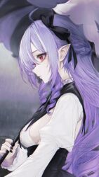  1girl absurdres black_nails black_ribbon commentary_request drill_hair eyelashes from_side hair_ribbon highres holding holding_umbrella long_hair looking_ahead mole mole_under_eye nail_polish purple_hair rain renoahh ribbon solo twin_drills umbrella vivian_(zenless_zone_zero) zenless_zone_zero 