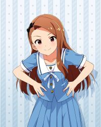  1girl aqua_background aqua_ribbon aqua_shirt aqua_skirt blush breasts brown_eyes brown_hair card_(medium) closed_mouth collarbone cowboy_shot drop_shadow hairband hands_on_own_hips idolmaster idolmaster_million_live! idolmaster_million_live!_theater_days long_hair looking_at_viewer minase_iori official_art ribbon sailor_collar shirt skirt smile solo star_(symbol) summer_junior_highschool_(idolmaster) summer_uniform_series_(idolmaster) white_sailor_collar 
