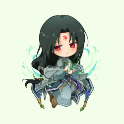  1boy book capelet chibi commentary facial_mark fire_emblem fire_emblem:_radiant_dawn forehead_mark full_body holding holding_book kyousa38 long_hair male_focus nintendo official_alternate_costume red_eyes simple_background solo soren_(fire_emblem) soren_(radiant_confidant)_(fire_emblem) twitter_username white_background 