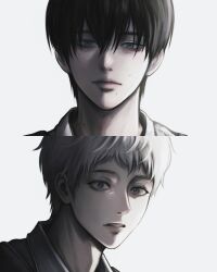  2boys black_hair blue_eyes closed_mouth collared_shirt hashtag-only_commentary highres hikaru_ga_shinda_natsu indou_hikaru jeongjyoni lips male_focus mole mole_on_cheek mole_on_neck mole_under_eye mole_under_mouth multiple_boys multiple_moles portrait shirt short_hair simple_background teeth tsujinaka_yoshiki white_background white_hair white_shirt 