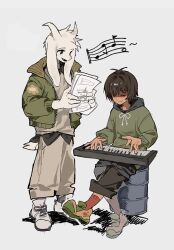  1boy 1other animal_ears asriel_dreemurr bed_sheet brown_hair deltarune eg0hen full_body furry furry_male goat_boy goat_ears goat_horns goat_tail green_jacket highres holding holding_sheet horns instrument jacket keyboard_(instrument) kris_(deltarune) music musical_note open_clothes open_jacket open_mouth pants playing_instrument sheet_music shoes short_hair simple_background sitting smile sneakers standing white_background white_pants white_shoes 