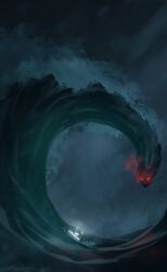  boat dim_lighting glowing glowing_eyes landscape night no_humans ocean original outdoors painterly personification scenery size_difference watercraft waves zandra 
