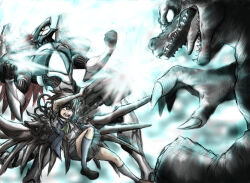  2girls ab-cannon absurdres battle beam_cannon brown_eyes brown_hair chise_(saishuu_heiki_kanojo) claws crossover energy_cannon fangs glowing godzilla godzilla_(series) guilty_gear highres humanoid_robot imminent_attack justice_(guilty_gear) kaiju laser_cannon long_hair looking_at_another looking_to_the_side m.u.g.e.n mechanical_tail mechanical_wings monster multiple_crossover multiple_girls red_hair robot saishuu_heiki_kanojo school_uniform short_hair socks tail torn_clothes wings 