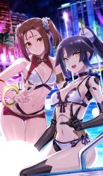  2girls architecture armband bangle bare_shoulders ben-day_dots bikini bikini_shorts black_choker black_hair blunt_bangs bracelet breasts brown_eyes brown_hair building chinese_clothes choker cleavage closed_mouth colored_extremities commentary curtained_hair diffraction_spikes doll_joints facial_mark fate/grand_order fate_(series) forehead_mark front-tie_bikini_top front-tie_top glint gold_armlet hair_ornament hair_scrunchie high_ponytail jewelry joints katou_danzou_(fate) katou_danzou_(midsummer_memories)_(fate) looking_at_viewer medium_breasts multicolored_bikini multiple_girls navel nezha_(fate) nezha_(midsummer_memories)_(fate) night official_art open_mouth outdoors parted_bangs partially_submerged ponytail pool pool_ladder saitou_hiroki screentones scrunchie short_hair short_twintails shorts side-tie_bikini_bottom sidelocks small_breasts smile swimsuit third-party_source twintails two-tone_bikini underboob v w water wet white_bikini white_scrunchie yellow_eyes 