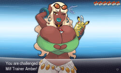  1girl amber_(carmessi) breasts carmessi character_name cleavage_cutout clothing_cutout curvy dark-skinned_female dark_skin earrings english_text fake_screenshot fingernails gen_1_pokemon heart_cutout hoop_earrings huge_breasts jewelry lipstick long_hair lowleg lowleg_pants makeup mature_female navel nintendo no_bra one_eye_closed orange_eyes pants parted_lips pikachu plump pokemon pokemon_xy revealing_clothes shiny_skin simple_background smile solo source_request standing sunglasses_on_head thick_thighs thighs very_long_hair wide_hips wink  rating:Sensitive score:24 user:fakyuh