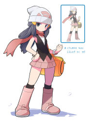  1girl bag black_eyes black_hair black_shirt black_socks boots closed_mouth dawn_(pokemon) duffel_bag full_body hair_ornament hairclip hashtag-only_commentary hat highres holding holding_bag kneehighs looking_at_viewer nintendo official_art_inset pink_boots pink_skirt pokemon pokemon_dppt rascal_(feuille) red_scarf reference_inset scarf shirt skirt sleeveless sleeveless_shirt socks solo white_background white_hat yellow_bag 