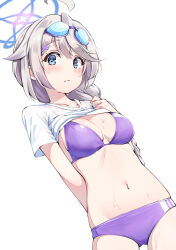  1girl absurdres arm_behind_back bikini blue_archive blue_eyes blush braid breasts cleavage clothes_lift commentary_request cowboy_shot eyewear_on_head goggles goggles_on_head grey_hair halo highres kirino_(blue_archive) kirino_(swimsuit)_(blue_archive) komasi long_hair looking_at_viewer medium_breasts navel official_alternate_costume purple_bikini purple_halo shirt shirt_lift short_sleeves simple_background single_braid solo swim_goggles swimsuit thighs white_background white_shirt 