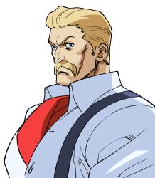  1boy ascot bengus blonde_hair blue_eyes buttons close-up collared_shirt eagle_(street_fighter) facial_hair from_side game_cg gloves highres looking_to_the_side male_focus mustache non-web_source official_art portrait red_ascot scar scar_on_face shirt short_hair simple_background solo stick street_fighter street_fighter_zero_(series) suspenders white_background white_gloves white_shirt 