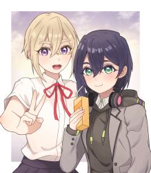  2girls :d :t absurdres black_hair black_hoodie blonde_hair commentary drawstring drinking_straw green_eyes grey_jacket hair_between_eyes haraga_kurumi headphones headphones_around_neck highres holding_juice_box hood hood_down hoodie jacket juice_box kimi_no_koto_ga_dai_dai_dai_dai_daisuki_na_100-nin_no_kanojo long_sleeves looking_at_viewer multiple_girls neck_ribbon open_mouth pigsir13152 purple_eyes red_ribbon ribbon shirt short_hair short_sleeves simple_background smile sutou_iku thick_eyebrows upper_body v white_shirt 