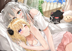  3girls :&lt; :d ;) ahoge animal_ear_fluff animal_ear_piercing animal_ears artist_name bare_arms bare_shoulders bed_sheet beret black_horns blue_eyes blue_hair blue_sky blue_streaks blush blush_stickers bra_strap breasts camisole cleavage closed_mouth cloud cloudy_sky commentary_request couple curled_horns curtains day fang flower front-to-back hair_flower hair_ornament hat highres hololive horns indoors light_particles lion_ears lion_girl long_hair looking_at_another looking_back loungewear lying mascot medium_breasts multicolored_hair multiple_girls o_o off_shoulder on_bed on_side one_eye_closed open_mouth pink_shorts pointy_ears shaded_face sheep sheep_girl sheep_horns shibakarenasu shiny_skin shirt shishiro_botan shishiro_botan_(casual) short_shorts short_sleeves shorts sky smile spaghetti_strap ssrb_(shishiro_botan) streaked_hair t-shirt tsunomaki_watame tsunomaki_watame_(loungewear) turning_head twitter_username two-tone_hair virtual_youtuber watamate white_camisole white_flower white_hair white_shirt witch_hat yukihana_lamy yukihana_lamy_(1st_costume) yuri 
