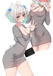  1girl absurdres acedia aqua_hair artist_name bag blue_eyes blush breasts cleavage commentary covered_navel double_w dress english_commentary gradient_hair grey_dress grey_hair handbag highres indie_virtual_youtuber looking_at_viewer mint_fantome multicolored_hair multiple_views navel patreon_logo pointy_ears short_dress short_hair simple_background small_breasts triangular_headpiece twitter_x_logo virtual_youtuber w white_background 