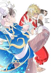  1boy 1girl absurdres barefoot blonde_hair bracelet bun_cover capcom china_dress chinese_clothes chun-li clenched_hand commentary double_bun dougi dress english_commentary fingerless_gloves gloves hair_bun highres jewelry ken_masters pelvic_curtain short_hair simple_background spiked_bracelet spikes street_fighter white_background yoshihara_motoki 