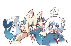  2girls :d afterimage animal_ear_fluff animal_ears blonde_hair blue_eyes blush blush_stickers bow cat_ears commentary fins fish_girl fish_tail frown gawr_gura gawr_gura_(1st_costume) green_eyes hair_ornament hololive hololive_english indie_virtual_youtuber kabenats licking licking_another&#039;s_tail long_hair long_sleeves motion_lines multicolored_hair multiple_girls open_mouth sameko_saba shark_girl shark_tail simple_background smile speech_bubble spoken_letter streaked_hair tail tail_wagging tearing_up two-tone_hair two_side_up v-shaped_eyebrows virtual_youtuber voice_actor_connection white_background white_hair 