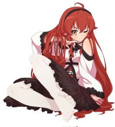 1girl adjusting_hair ahoge bare_shoulders black_skirt blush eris_greyrat full_body hairband highres loli long_hair looking_at_viewer mushoku_tensei pantyhose red_eyes red_hair simple_background sitting skirt solo syasyajin toes white_background white_pantyhose 