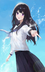 1girl :d absurdres black_skirt blue_necktie blue_sky chitanda_eru day highres hyouka jianjia kyoto_animation long_sleeves looking_at_viewer necktie open_mouth outdoors pleated_skirt purple_eyes school_uniform serafuku shirt skirt sky smile white_shirt