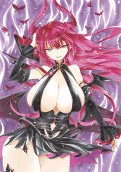  1girl arms_up azur_lane bare_shoulders bat_wings black_dress blue_eyes breasts bug butterfly cleavage clothing_cutout commentary_request cowboy_shot detached_sleeves dress floating floating_object halterneck hand_in_own_hair heterochromia highres horns huge_breasts insect long_hair long_horns looking_at_viewer marker_(medium) mecklenburg_(azur_lane) navel_cutout open_clothes pink_butterfly pink_hair pink_horns purple_background red_eyes smile solo traditional_media uzuharu_(uduharu) very_long_hair wings 
