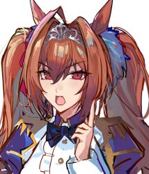  1girl animal_ears black_bow black_bowtie bow bowtie brown_hair daiwa_scarlet_(umamusume) epaulettes fang hair_between_eyes hair_intakes horse_ears horse_girl index_finger_raised juliet_sleeves kanniiepan long_hair long_sleeves open_mouth puffy_sleeves red_eyes shirt solo tiara twintails umamusume very_long_hair white_shirt 