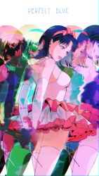  1girl absurdres arms_behind_back black_hair brown_eyes building city cityscape copyright_name dress elbow_gloves film_grain frills from_behind gloves hairband highres holding kirigoe_mima night outdoors parted_lips perfect_blue pink_lips railing short_hair simple_background sky smile solo standing star_(sky) starry_sky thighhighs white_background white_gloves white_thighhighs woga_(ogkntk) 