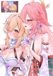  2girls animal_ears bare_shoulders blonde_hair breasts commentary_request detached_sleeves dress earrings fang feather_earrings feathers flower fox_ears fox_girl game_screenshot_inset genshin_impact hair_flower hair_ornament hand_on_another&#039;s_face hands_on_another&#039;s_shoulders highres inteyvat_flower_(genshin_impact) jewelry large_breasts lumine_(genshin_impact) multiple_girls nyamo-lv0 one_eye_closed pink_hair purple_eyes shirt sideboob sidelocks simple_background skin_fang sleeveless sleeveless_shirt white_background white_dress white_shirt yae_miko yellow_eyes 