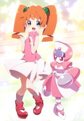  1girl ankle_socks bare_arms bare_shoulders boots buttons clenched_hands collared_shirt commentary_request full_body glowing green_eyes hair_bobbles hair_ornament high_collar junmai_karin leg_warmers light_blush long_hair looking_at_another looking_at_viewer mary_janes medarot miniskirt multicolored_background no_mouth open_mouth orange_hair paw_pose pink_eyes pink_shirt pleated_skirt red_footwear red_leg_warmers robot saint_nurse sakamoto_maaya shirt shoes simple_background skirt sleeveless sleeveless_shirt smile socks star_(symbol) star_symbol_background twintails usamata white_footwear white_skirt white_socks 