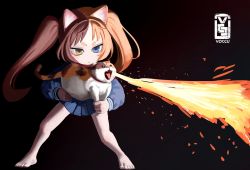 1girl animal animal_ears artist_logo barefoot black_background blue_eyes blue_shirt blue_skirt brown_hair calico_(pattern) cat cat_ears cat_girl closed_mouth commentary fire flamethrower heterochromia highres holding holding_animal inuko_(voccu) light_brown_hair light_frown logo long_hair long_sleeves looking_to_the_side miniskirt multicolored_hair original pleated_skirt shirt skirt solo standing twintails two-tone_hair voc weapon what yellow_eyes rating:Sensitive score:27 user:danbooru