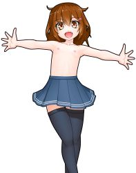  10s 1girl absurdres brown_eyes brown_hair delica fang female_focus flat_chest hair_ornament hairclip highres ikazuchi_(kancolle) inverted_nipples kantai_collection loli nipples outstretched_arms school_uniform short_hair skirt smile solo spread_arms thighhighs topless_female  rating:Questionable score:17 user:danbooru