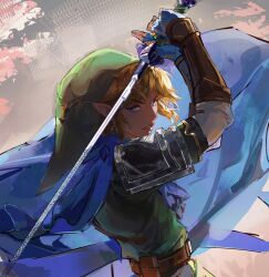  1boy armor arms_up balo_badartist belt blonde_hair blue_cape blue_eyes blue_gloves bracer brown_belt cape chainmail commentary earrings english_commentary fingerless_gloves from_side gloves green_hat green_tunic hat highres holding holding_sword holding_weapon jewelry link looking_at_viewer male_focus master_sword nintendo parted_lips pauldrons pointy_ears shirt shoulder_armor solo sword the_legend_of_zelda tunic weapon white_shirt 