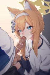 1boy 1girl animal_ear_fluff animal_ears assertive_female bar_censor blonde_hair blue_archive blue_eyes blurry blurry_background blurry_foreground blush breath censored depth_of_field fellatio flower gishu hair_flower hair_ornament hairband heart heavy_breathing hetero highres licking licking_penis long_hair mari_(blue_archive) mari_(track)_(blue_archive) motion_blur oral paid_reward_available pants penis pointless_censoring sensei_(blue_archive) shirt solo_focus speech_bubble spoken_heart steam testicles textless_version tongue tongue_out tsurime rating:Explicit score:156 user:danbooru