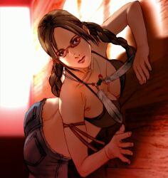  1girl armlet ass bikini bikini_top_only braid breast_press breasts cleavage denim dutch_angle feathers glasses jeans jewelry julia_chang kawano_takuji large_breasts lips long_hair looking_at_viewer native_american necklace official_art on_floor pants shorts solo swimsuit tekken textless_version twin_braids 