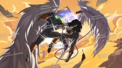  2boys absurdres angel_wings battle black_jacket blue_fire cape chain character_request crossover death_battle demon divine_spawn feathered_wings fire flaming_skull ghost_rider ghost_rider_(series) gloves glowing glowing_eyes green_eyes highres image_comics jacket marvel mask multiple_boys notstrykon skull spawn_(comic) spawn_(spawn) spikes superhero_costume white_wings wings zarathos 