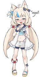  1girl animal_ears bikini blonde_hair blue_bikini blue_bow blue_eyes blue_hair blue_nails blush bow breasts brown_sandals cat_ears dress hair_bow highres indie_virtual_youtuber long_hair looking_at_viewer multicolored_hair nail_polish open_mouth sameko_saba sandals short_shorts shorts small_breasts smile solo striped_bikini striped_clothes swimsuit toenail_polish toenails two-tone_hair virtual_youtuber white_dress white_shorts zlix0n 