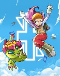  1girl blue_sky boots digimon digimon_adventure digimon_adventure_02 digimon_card_game full_body glasses highres inoue_miyako midair palmon pants plant_monster purple_hair red_pants round_eyewear sinobali sky 