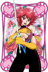  1girl absurdres armlet bare_shoulders black_bodysuit black_choker bodysuit border breasts choker cleavage_cutout clothing_cutout cowboy_shot cutie_honey cutie_honey_(character) elbow_gloves flower gloves hands_up heart heart_armlet heart_choker highres holding holding_sword holding_weapon jewelry large_breasts lipstick looking_at_viewer makeup open_mouth pink_bodysuit pink_border pink_lips rapier red_eyes red_hair rose sabachiyo_land short_hair sleeveless sleeveless_bodysuit smile solo sparkle sword two-tone_bodysuit weapon yellow_gloves 