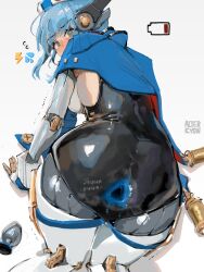  1girl all_fours alterkyon anus ass battery_indicator blue_hair blue_hat butt_plug commentary gaping genshin_impact hat highres ineffa_(genshin_impact) mechanical_arms mechanical_legs robot_girl sex_toy solo symbol-only_commentary triangular_anus 
