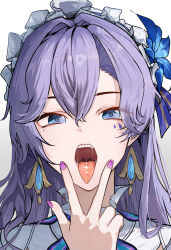 1girl absurdres blue_eyes blue_flower cantarella_(wuthering_waves) commentary earrings english_commentary facial_mark flower hair_between_eyes hair_flower hair_ornament hand_up headdress highres jewelry long_hair looking_at_viewer mark_under_eye nail_polish open_mouth portrait purple_hair purple_nails ryeon_(naturesan) solo tacet_mark_(wuthering_waves) tongue tongue_out w wuthering_waves rating:Sensitive score:13 user:danbooru