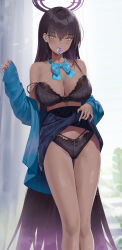 1girl absurdly_long_hair absurdres black_bra black_panties blue_archive blue_bow blue_bowtie blue_jacket blue_nails bow bowtie bra breasts cirilla_lin clothes_lift condom condom_in_mouth condom_wrapper dark-skinned_female dark_skin earrings hair_down halo highres jacket jewelry karin_(blue_archive) karin_(school_uniform)_(blue_archive) large_breasts lifting_own_clothes long_hair looking_at_viewer mouth_hold no_shirt off_shoulder panties skirt skirt_lift solo strap_slip stud_earrings thighs underwear very_long_hair yellow_eyes rating:Questionable score:62 user:danbooru
