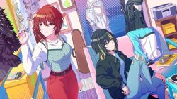 aketa_mikoto apple belt black_hair blonde_hair box cd_case cd_player couch earrings food fruit fur_trim game_cg idolmaster idolmaster_shiny_colors ikaruga_luca instrument_case jacket jewelry microphone multicolored_hair nail_polish notebook official_art pants picture_frame red_eyes red_hair sitting torn_clothes unworn_clothes yellow_eyes